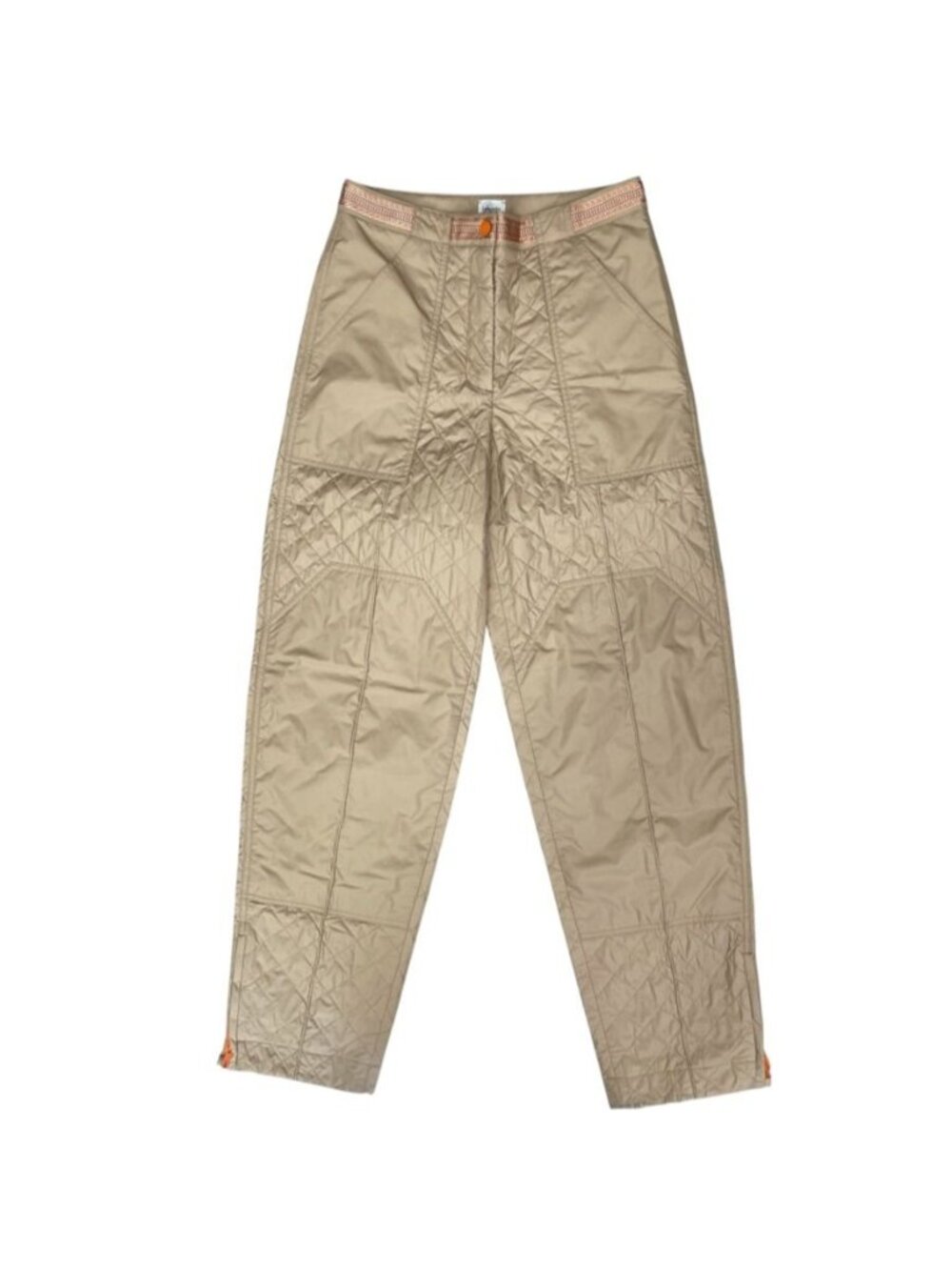 Hermes Long Pants Quilted Hem Zip Polyester Beige Casual